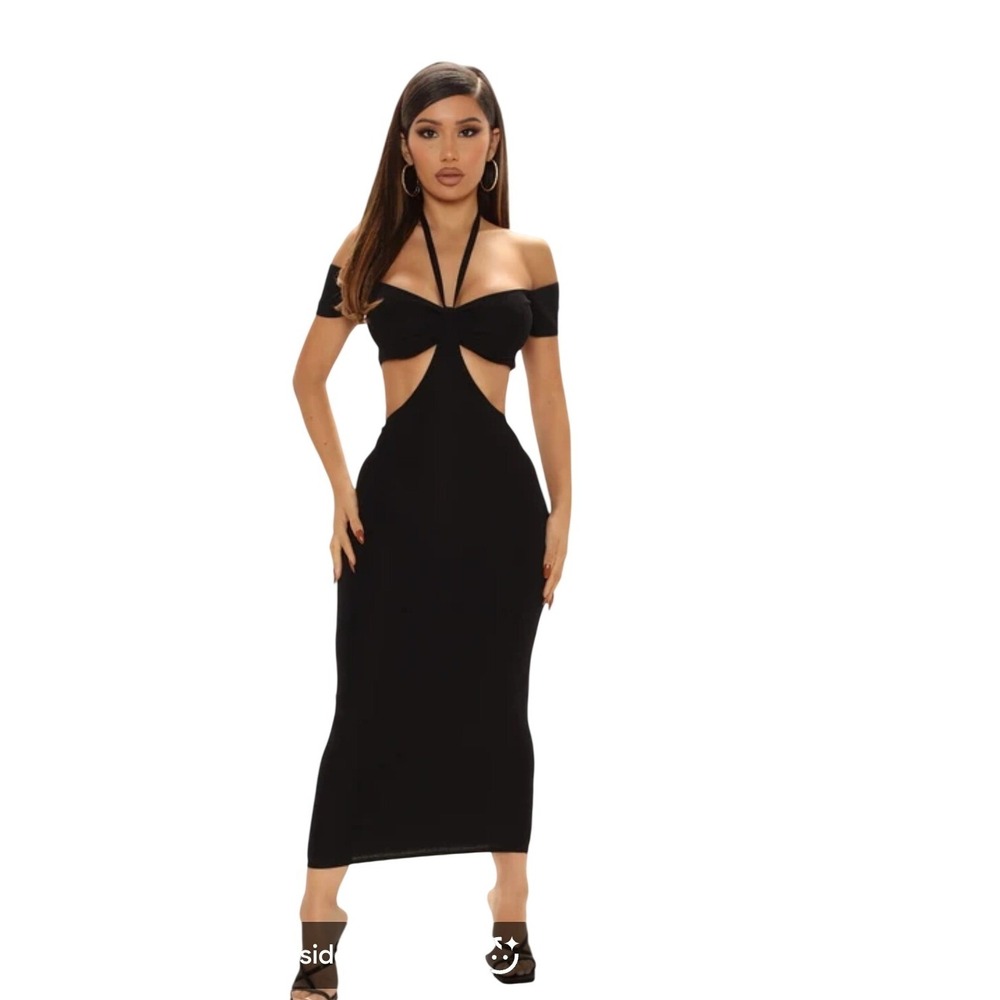 Amable Black Ribbed Cutout Midi Dress Off Shoulder Halter AD2161 Womens Small